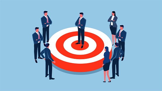 Precise marketing target or object, successful completion of the task or failure off-target, equidistant businessmen standing in the center of the bull's-eye and businessmen standing out of the bull's-eye