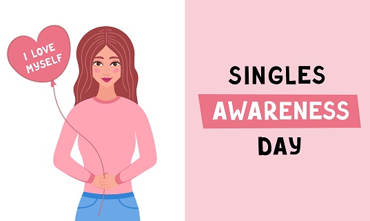 singles awareness day, girl with balloon, love myself. Vector Illustration for backgrounds and packaging. Image can be used for greeting cards, posters and stickers. Isolated on white background.
