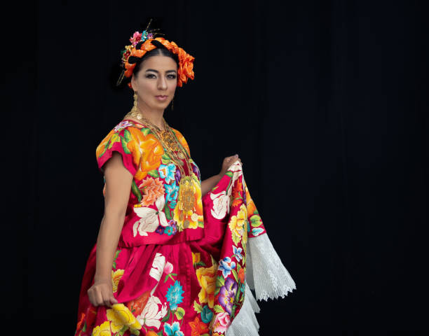Mexican embroidery of costume from the state of Oaxaca worn by Latin dancer woman with multi-colored flowers Mexican embroidery of costume from the state of Oaxaca worn by Latin dancer woman with multi-colored flowers florence italy airport stock pictures, royalty-free photos & images