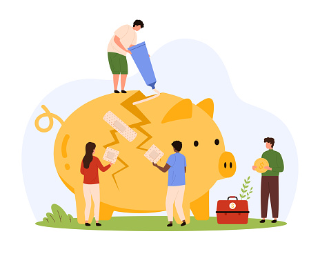 Economical crash, financial crisis and inflation problem, bankruptcy. Tiny people repair broken piggy bank with glue and adhesive tape, fixed money box with savings cartoon vector illustration