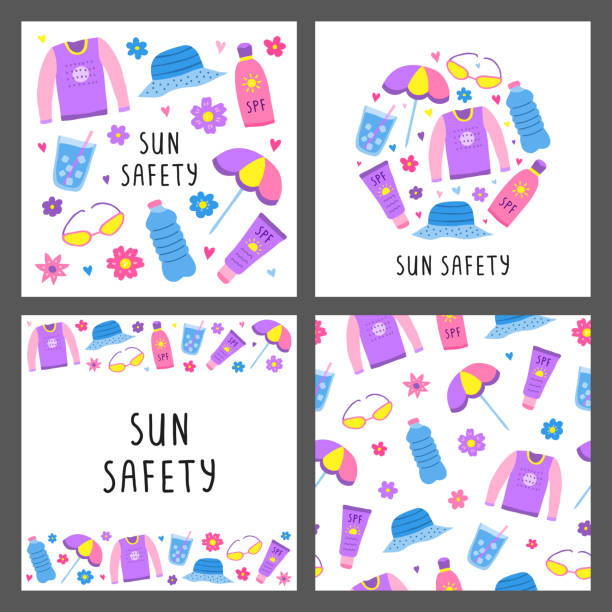 illustrazioni stock, clip art, cartoni animati e icone di tendenza di set of cards with doodle sun safety icons. - suntan lotion symbol ice umbrella