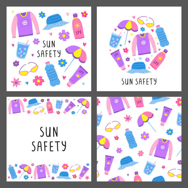 ilustrações de stock, clip art, desenhos animados e ícones de set of cards with doodle sun safety icons. - suntan lotion symbol ice umbrella