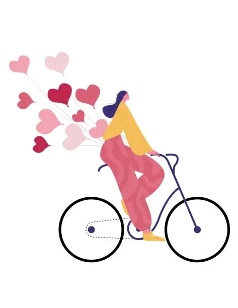 Vector illustration of Cute happy young woman on bike. Smiling female bicyclist. Flat cartoon colorful vector illustration.
