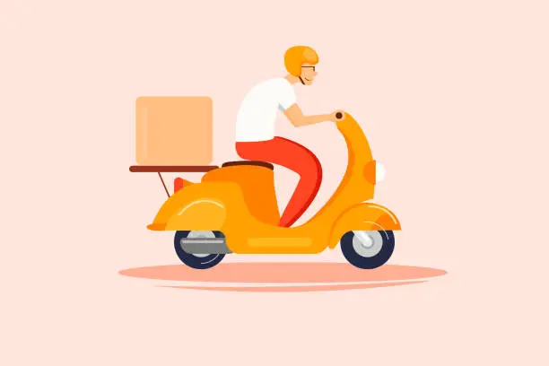 Vector illustration of A man on a motorcycle makes a delivery.Motorcyclist.