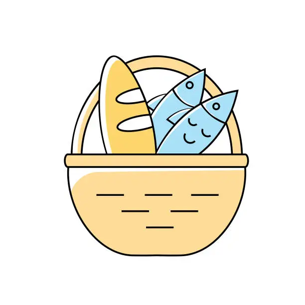 Vector illustration of Bread and fish in a basket of yellow color icon. Crowd feeding. Holy Week. Miracle of Christ. Blessing the Food of the Bible. New Testament. Bible story.