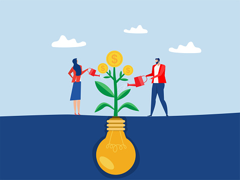 Monetize idea,businessman watering on growing money coin seedling plant from lightbulb idea metaphor of monetize idea. make profit from creativity or innovation.