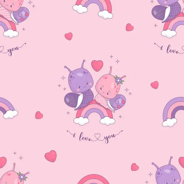 Vector illustration of Seamless pattern with loving couple snails on rainbow on pink background with hearts. Funny kawaii insect girl and boy character. Vector illustration. romantic valentine backdrop I love you.
