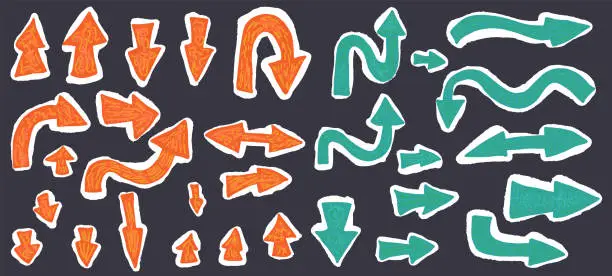 Vector illustration of Arrow collage sticker set. Collection of direction pointers signs with rough edges of paper.