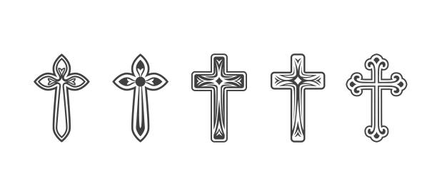 Flat Vector Black Christian Cross Icons Set Isolated on a White Background. Line Silhouette Cut Out Christian Crosses Collection.