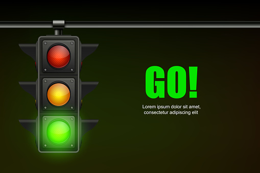 Vector Realistic Banner with Hanging Traffic Light with Glowing Green Permissive Signal Isolated on Black Background.