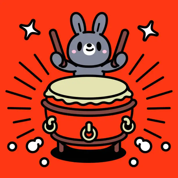 Vector illustration of A cute bunny is playing the traditional Chinese drum, Chinese bass drum