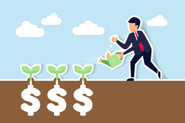 dividend investment, prosperity and economic growth or saving and business profit concept, happy businessman investor holding watering can to watering grow sprout seedling he plant from dollar sign. - financial occupation investment currency earth点のイラスト素材／クリップアート素材／マンガ素材／アイコン素材