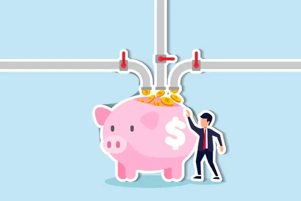 Vector illustration of Multiple streams of income, passive income or revenue from invest in multi assets, side hustles to make money concept, rich businessman standing with multi cash flow from pipe into wealthy piggy bank.