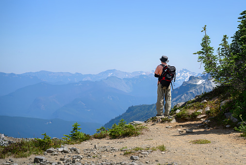Hiker enjoying the rolling mountain views at Skyline Loop Trail. Mt Rainier National Park. Washington State.