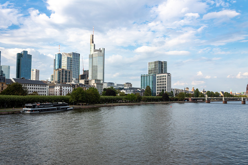 Frankfurt, Germany - August 28, 2019: Frankfurt Skyline and River Cruise on Main River.
