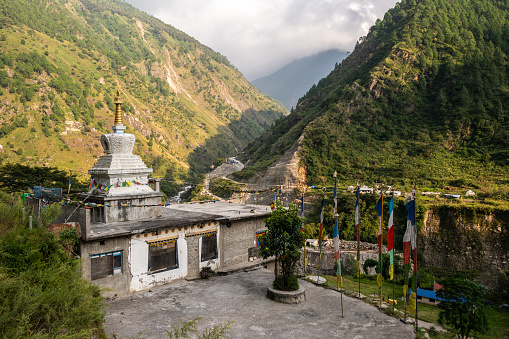 Syabrubesi lies at the base of a green hill on the way to Langtang Valley.