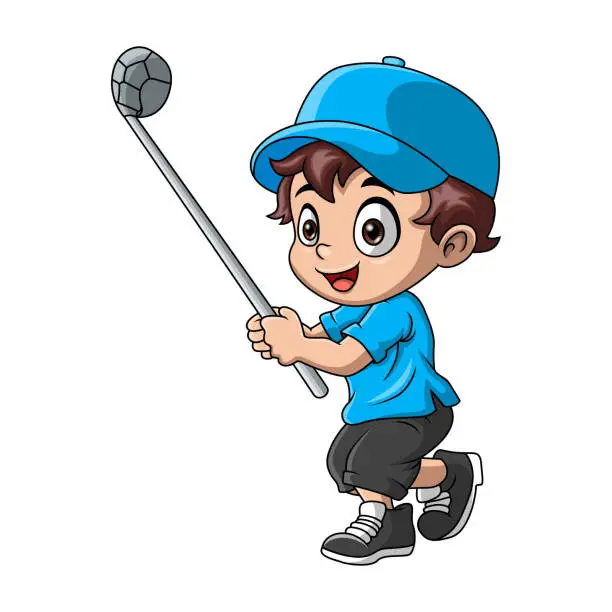 Vector illustration of Cute little boy cartoon playing golf