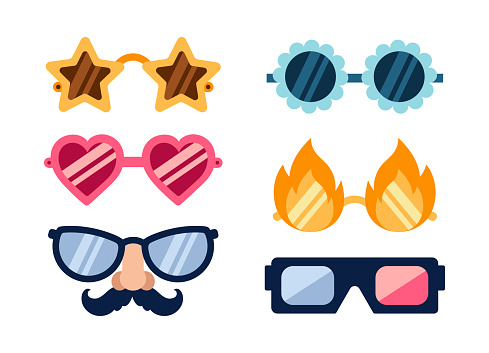 Glasses vector icon set. Stylish sunglasses in the shape of a star, flower, heart, flame. Funny mask with a mustache and nose, 3D glasses. Colorful 60s-70s accessories. For a party, birthday, carnival