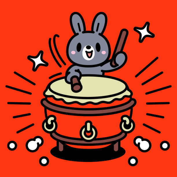 A cute bunny is playing the traditional Chinese drum, Chinese bass drum - ilustración de arte vectorial