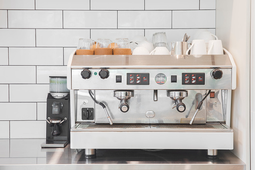 Ready-to-use professional coffee machine in a coffee shop.