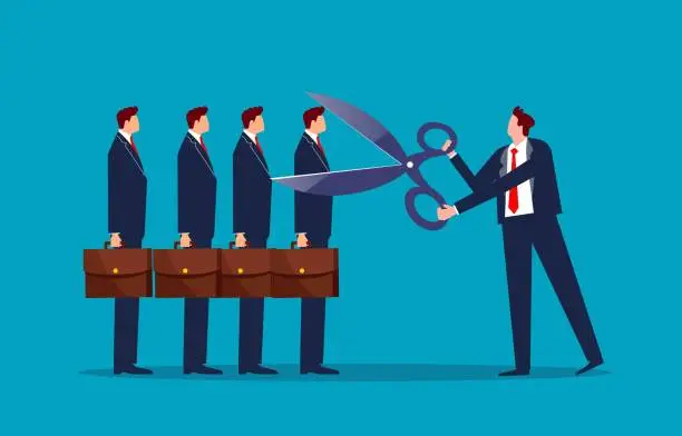Vector illustration of Layoffs, firings, elimination of underachievers or poor performers, end of careers, managers with scissors ready to cut a bunch of businessmen in line