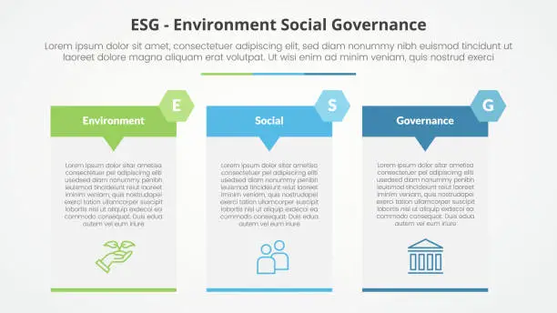 Vector illustration of ESG frameworks infographic concept for slide presentation with big table arrow header badge with 3 point list with flat style