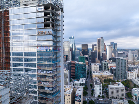 February 1, 2024 - Los Angeles, CA: A group of buildings known as the Oceanwide Plaza have sat unfinished for years due to supposed financing issues with the developer. Recently, people have been breaking into the buildings and writing graffiti on the walls.