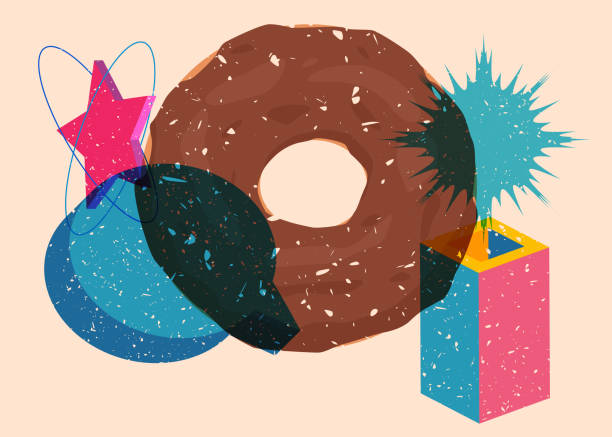 istock Risograph Doughnut, Sweet Food with speech bubble with geometric shapes. Dessert in trendy riso graph print texture style design with geometry elements. 1979051648