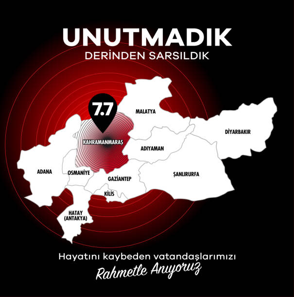 Türkiye Depremi. Translation: Turkey Earthquake. Get well soon to all of us. Kahramanmaras, Hatay, Osmaniye, Adıyaman, Gaziantep, Sanliurfa Diyarbakir, Malatya, Adana. 6 Subat 2023 Turkiye Depremi. Unutmadik. Translation: 6 february 2023 Türkiye Earthquake. We did not forget. antakya stock illustrations