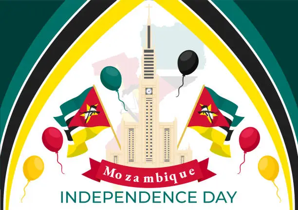 Vector illustration of Mozambique Independence Day Vector Illustration on 25 June with Waving Flag and Ribbon in National Holiday Celebration Flat Cartoon Background