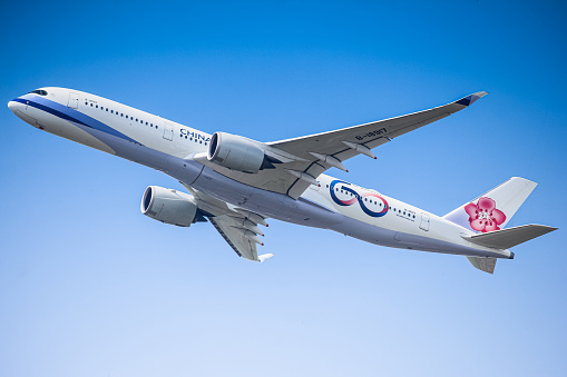 Airbus A350-900 eXtra Wide Body operated by China Airlines captured while taking off