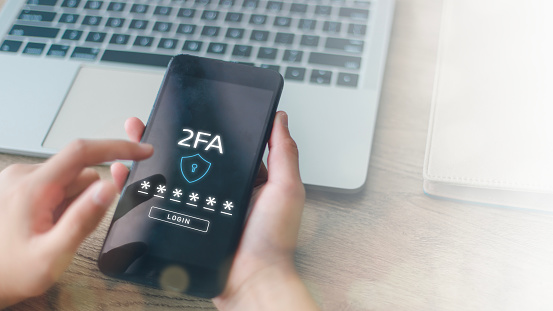2FA increases the security of your account, a Two-Factor Authentication futuristic virtual interface screen displaying a 2FA concept, Privacy protects data, and cybersecurity.