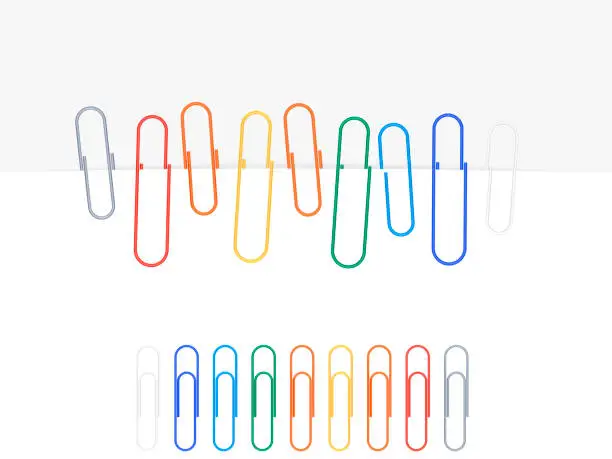 Vector illustration of Set of colored paper clips. Vector clipart on white background with shadow. Collection of paperclips attached to the edge of the sheet.