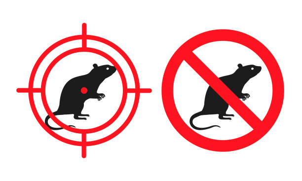 No rats sign. Vector sticker of deratization - the destruction of rodents, mice, voles and others. Crossed out rodent and crosshair mark. No rats. Vector emblem of deratization - the destruction of rodents, mice, voles and others. Sign for poisonous chemicals, rat and mouse traps. Crossed out rodent silhouette and crosshair mark. pest control logos silhouette stock illustrations