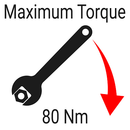 Maximum torque moment sign. Vector logo for technical instruction that controls the maximum allowable torque. Open-end wrench tightening the nut with the direction of force. Nut tightening direction.