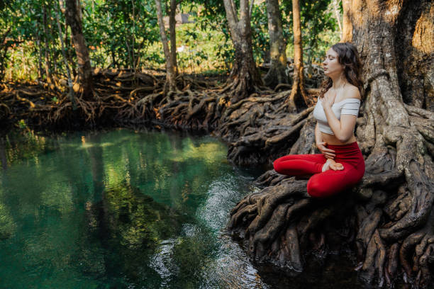 istock Serene woman doing yoga in mangrove forest 1979236331