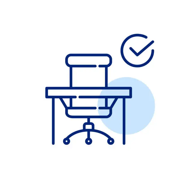 Vector illustration of Receiving promotion at work. Corporate manager office job. Office chair, desk and checkmark. Pixel perfect icon