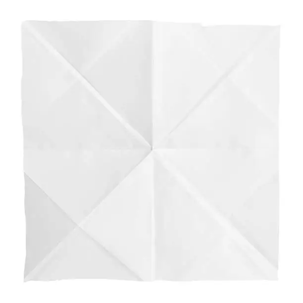 Vector illustration of White coloured crumpled crushed wrinkled paper square shaped vector backgrounds with folds, wrinkles and creases all over and torn cut uneven edges like a plain blank empty discarded page