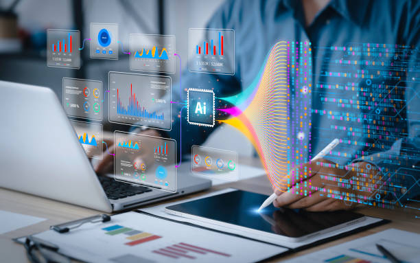 analiza danych, nauka i big data z technologią ai. analityk lub naukowiec używa komputera i pulpitu nawigacyjnego do analizy informacji o złożonych zbiorach danych na komputerze. inżynier ds. rozwoju aplikacji insights - artificial model zdjęcia i obrazy z banku zdjęć