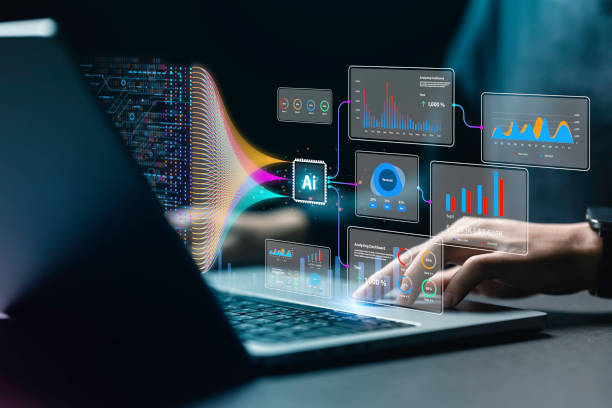 data analysis science and big data with ai technology. analyst or scientist uses a computer and dashboard for analysis of information on complex data sets on computer. insights development engineer - mathematical symbol complexity formula network server imagens e fotografias de stock