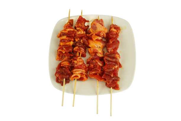 the skewer raw meat in plate for grill