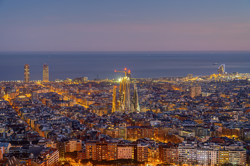 The skyline of Barcelona at twilight