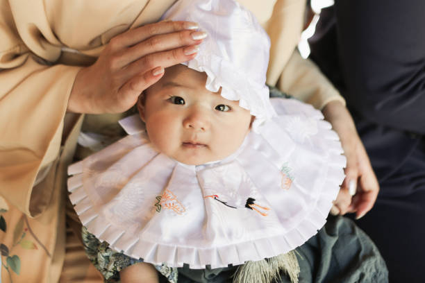 Japanese baby has Blessing ceremony at the shrine which is Omiyamairi.Hatsugu mairi.
