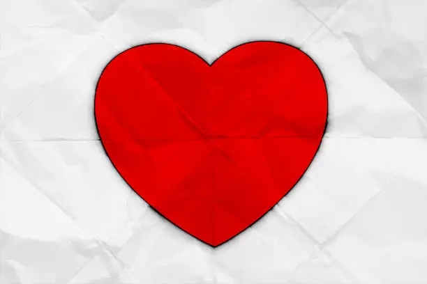Vector illustration of One big vibrant solid red colored heart shape in centre of plain white coloured textured crumpled white paper vector valentine love theme horizontal backgrounds with folds and creases