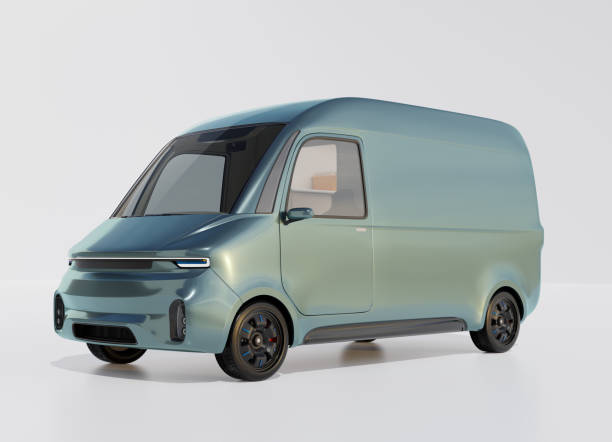 istock Electric powered delivery van on white background 1979318175