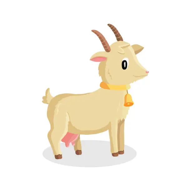 Vector illustration of Illustration of a Cartoon Goat With a Yellow Bell Standing Isolated on White Background