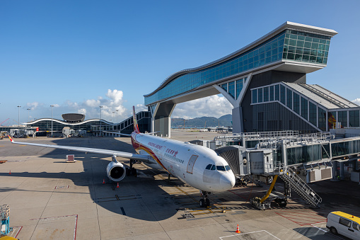 Hong Kong - September 18, 2023 : Hong Kong Airlines Airbus A330 at Hong Kong International Airport.