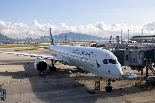 Hong Kong - September 18, 2023 : Cathay Pacific Airbus A350-900 aircraft at the Hong Kong International Airport.