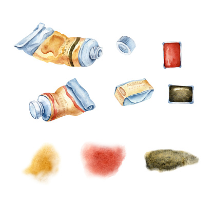 Isolated illustrations are hand painted in watercolor:art materials, paints, watercolors, tubes, cuvettes of paints on a white background. Suitable for printing on fabric, paper, for icons.
