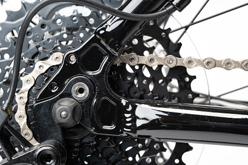 New bicycle chain part close up view photo